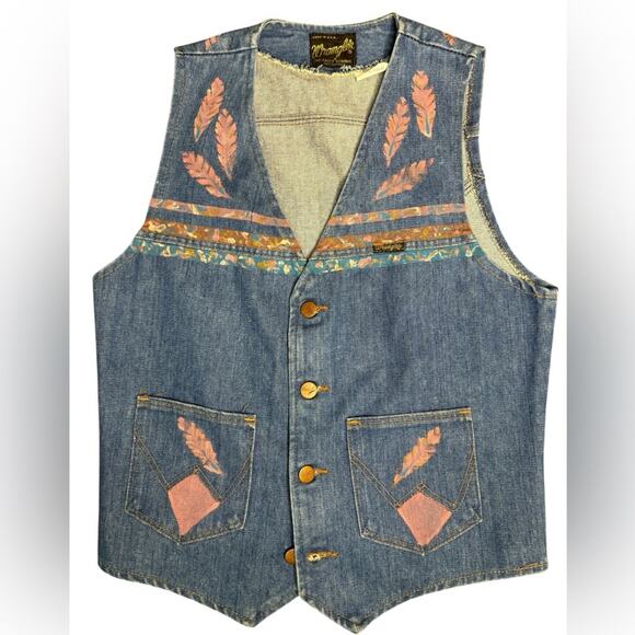 Vtg Wrangler Hand Painted Boho Western Denim Vest Womens Size M Artsy Festival - Picture 2 of 6